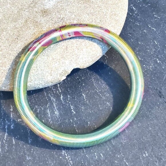 Printed Design Stretch Stainless Steel Coil Green Multicolor Bangle Bracelet #6 - Picture 1 of 7